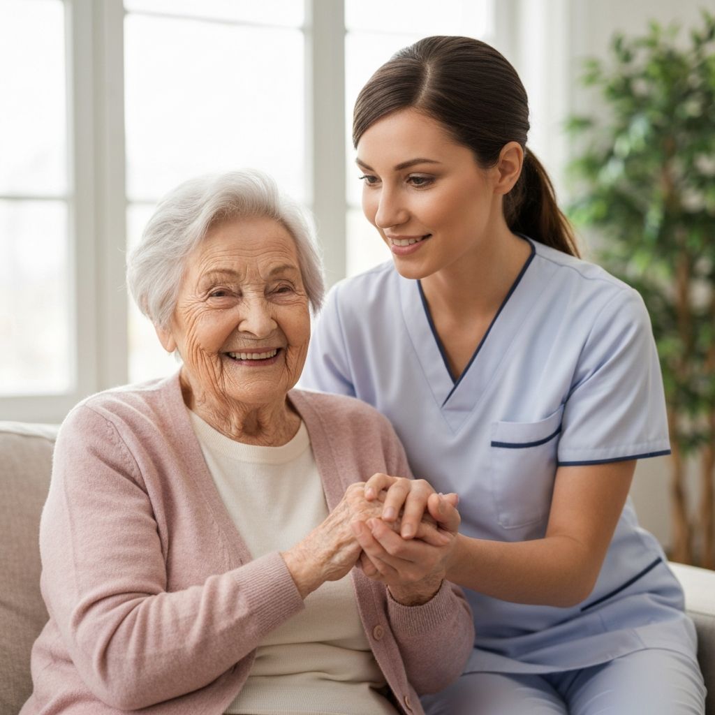 Persona mayor sonriendo con su cuidador, mostrando una relación de confianza